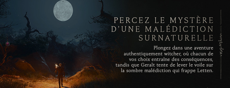 Percez le mystère d'une malédiction surnaturelle — Plongez dans une aventure authentiquement witcher, où chacun de vos choix entraîne des conséquences, tandis que Geralt tente de lever le voile sur la sombre malédiction qui frappe Letten.