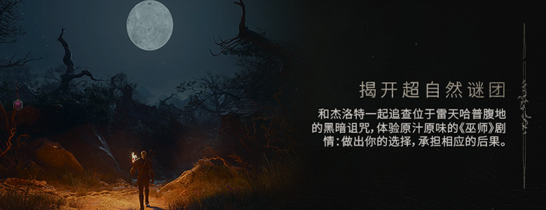 揭开超自然谜团 —— 和杰洛特一起追查位于雷天哈普腹地的黑暗诅咒，体验原汁原味的《巫师》剧情：做出你的选择，承担相应的后果。